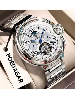 POEDAGAR Luxury Watch Date Stainless Steel Tourbillon Automatic (1413-white)